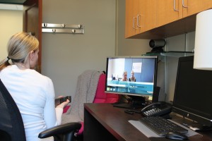 Stacy Garrity demos one of the video units at the TeleNursing Center